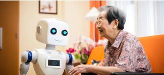 Older adult laughs with smiling robot 